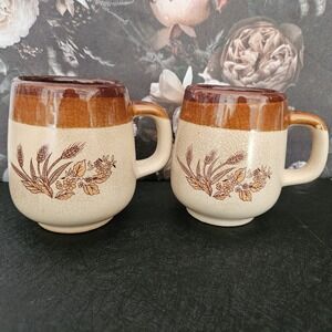 Vintage TAIWAN STONEWARE Wheat Flower Golden Harvest Mugs - SET OF TWO‎